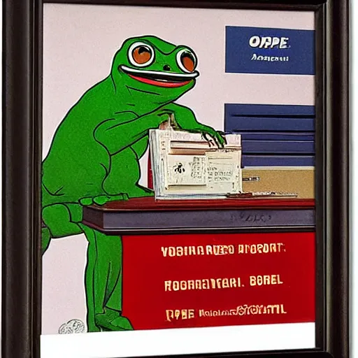 Image similar to pepe the frog at the post office by norman rockwell