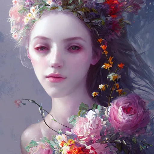 Image similar to painting of a pale girl dressed with flowers, illustration, artistic, colorful, hyper detailed, in the style of Greg Rutkowski,