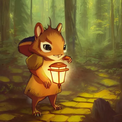 Image similar to concept art painting of an anthropomorphic anime chipmunk wearing a yellow cloak, holding a lantern, in the deep forest, realistic, detailed, cel shaded, in the style of makoto shinkai and greg rutkowski and james gurney