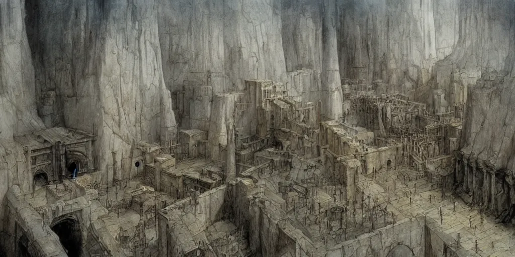 Image similar to Artwork by John Howe of the cinematic view of the Seventh Terrifying Prison.