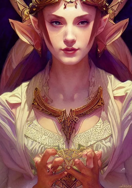 Image similar to zelda triforce princess, dance, intricate, elegant, highly detailed, digital painting, artstation, concept art, smooth, sharp focus, illustration, art by artgerm and greg rutkowski and alphonse mucha and william - adolphe bouguereau