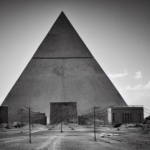 Image similar to gigantic concrete pyramid in the background, all seeing eye, haunting desolation, post apocalyptic, abandoned city