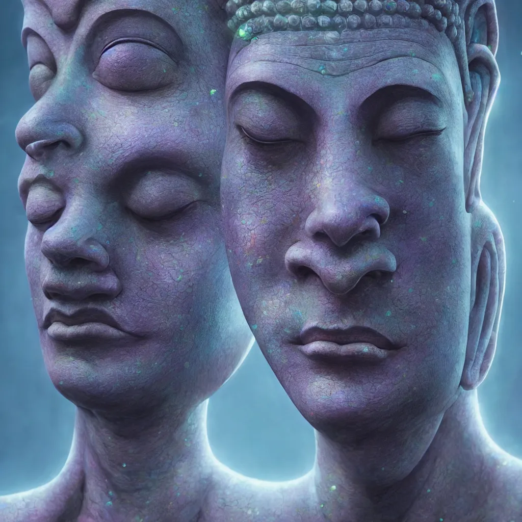 Image similar to extremely detailed cinematic movie still medium shot of enlightened iridiscent buddha hyperreal skin face by denis villeneuve, wayne barlowe, simon birch, marc simonetti, philippe druillet, beeple, alex grey bright volumetric sunlight, rich moody colors, bokeh