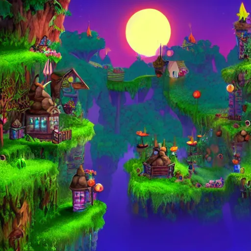 Image similar to A fantastical village inhabited by fairies, side-scrolling 2d platformer game level, swirling clouds, fantasy magical vegetation, dramatic dusk sun illuminates areas, volumetric light , detailed, rich color, upscale , 8k