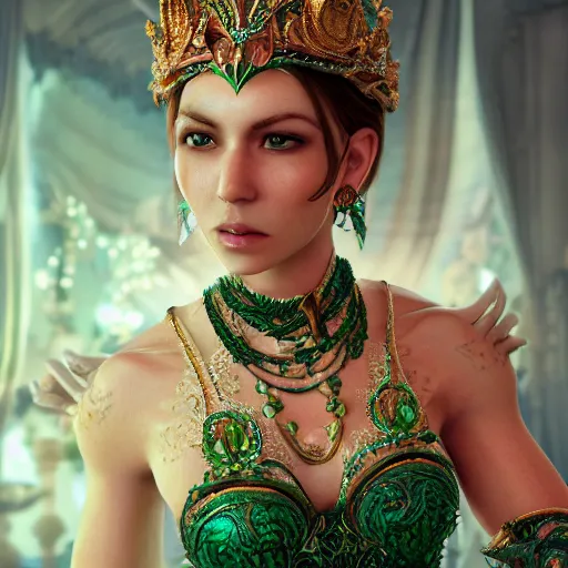 Image similar to photograph of wonderful princess with smooth fair skin, green jewelry, breathtaking, elegant, ornate, intricate, hyper detailed, accent lighting, dramatic light, 4 k octane render