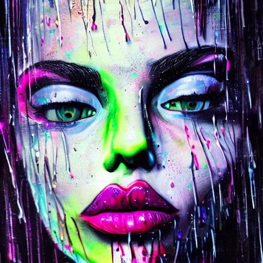 Image similar to splashes of neon, punk portrait made out of paint with rain in the background, trending on artstation, epic composition, emotional, beautiful, rendered in octane, highly detailed, realistic, tim burton comic book art, sharp focus, detailed eyes