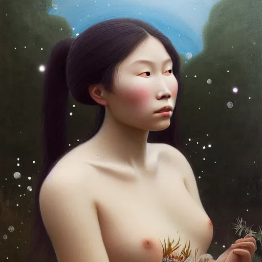 Image similar to a ultradetailed beautiful painting of a young european inuit woman in the park by hsiao ron cheng, ngai victo, nivanh chanthara jean delville wlop and dougherty patrick, trending onv artstation, alaska, light sparkles, major arcana sky, sharp focus, soft light