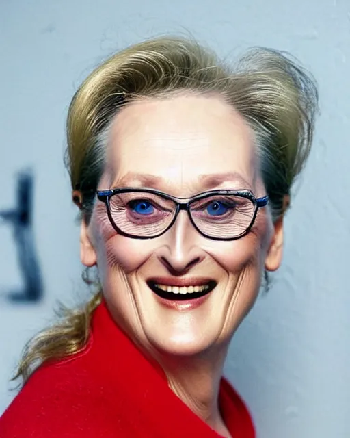 Prompt: a cursed image of meryl streep seen from a distance in a dark, empty swimming pool with water slides, really scary, looking this way.