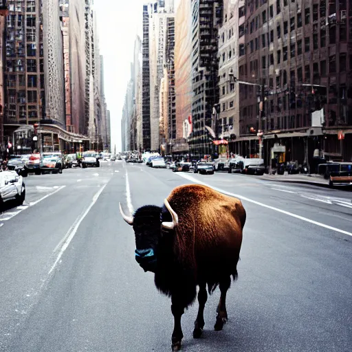 Image similar to photo of a bison, in a New York street, cars, buildings, 50mm, beautiful photo,