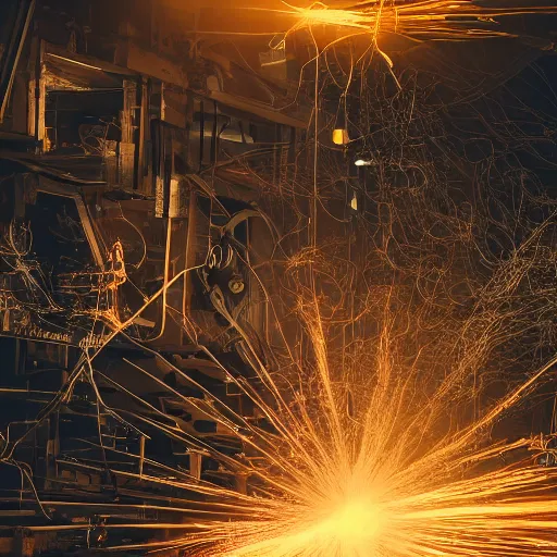 Image similar to pocket calculator, tangles of metallic cables, dark messy smoke - filled cluttered workshop, dark, dramatic lighting, orange tint, sparks, plasma charges, cinematic, highly detailed, sci - fi, futuristic, movie still