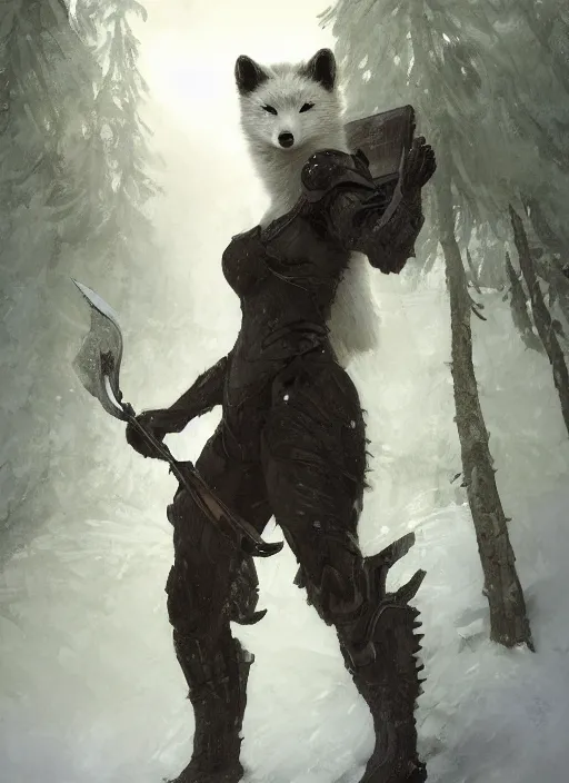 Prompt: character concept portrait of a bipedal Arctic Fox, dark fur, Paladin with in full metal armor with a sword and shield, a blizzard drifts through the forest behind her, intricate, elegant, digital painting, concept art, smooth, sharp focus, illustration, from Metal Gear, by Ruan Jia and Mandy Jurgens and William-Adolphe Bouguereau, Artgerm