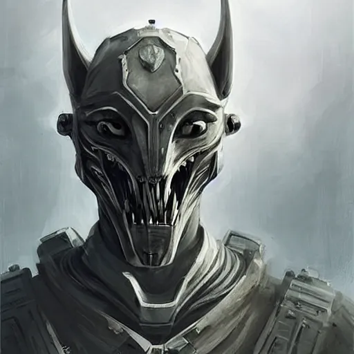 Image similar to Portrait of an alien man by Greg Rutkowski, a kind of humanoid feline, hard predatory look, with pointed ears, prominent jaw and visible fangs, wearing a futuristic space tactical gear that looks like a mix between the samurai, viking and templar aesthetics, mix between tribal and hi-tech, highly detailed portrait, scifi, space opera, digital painting, artstation, concept art, smooth, sharp foccus ilustration, Artstation HQ