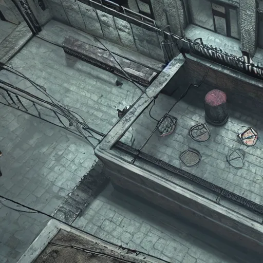 Prompt: playstation 5 screenshot of silent hill, overhead view, realistic, intricate detail