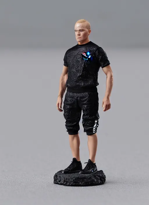 Image similar to 80mm resin detailed miniature of man squatting in black Adidas tracksuit, Product Introduction Photos, 4K, Full body,