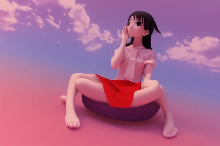 Prompt: a cute anime girl sitting on a cloud relaxing, red lighting, mist, blender render,