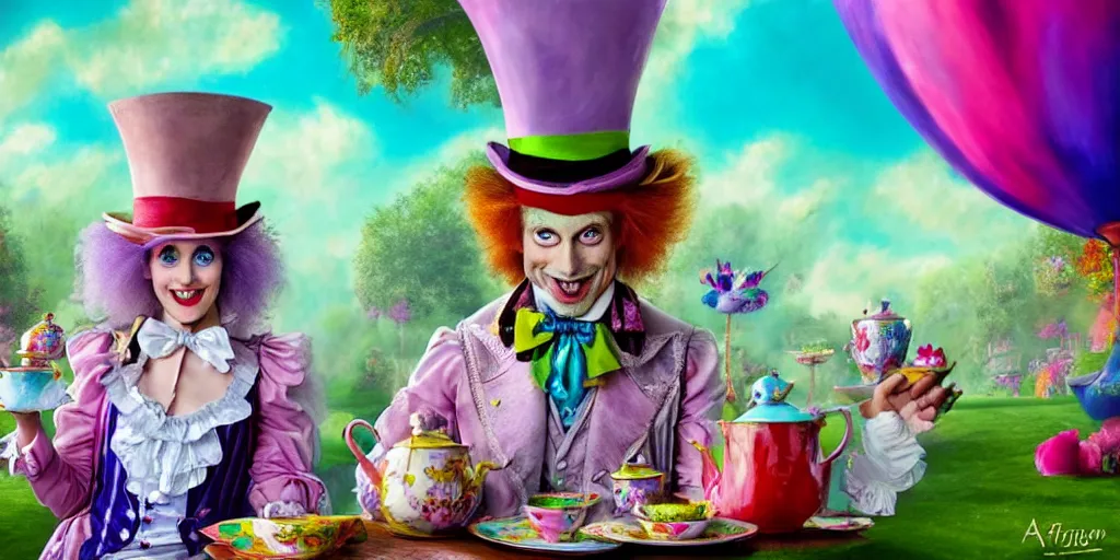 Image similar to The Mad Hatter teaparty, Alice in wonderland, colorful, wide angle, super highly detailed, professional digital painting, artstation, concept art, smooth, sharp focus, no blur, no dof, extreme illustration, Unreal Engine 5, Photorealism, HD quality, 8k resolution, cinema 4d, 3D, beautiful, cinematic, art by artgerm and greg rutkowski and alphonse mucha and loish and WLOP