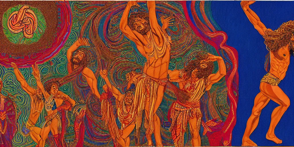 Image similar to an abstract spiritual background, a latino greek god dancing mindlessly, clear eyes. 2 4 mm, photorealistic, muted color scheme, directed by mati klarwein