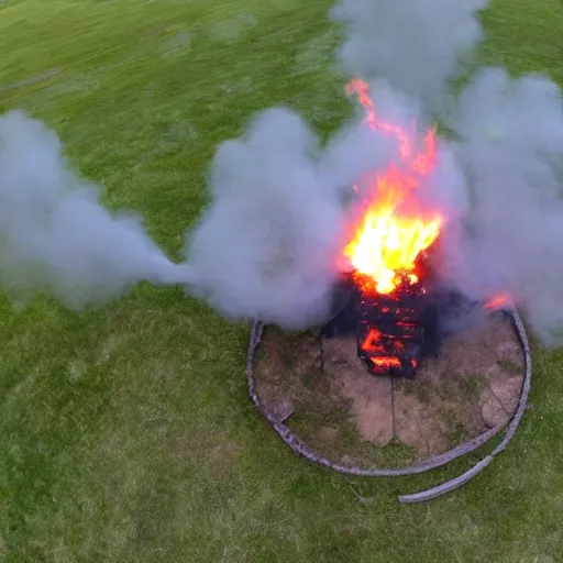 Prompt: quadcopter view of the fire