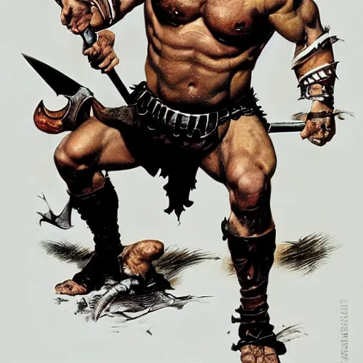 Prompt: grinning pit bull barbarian, fantasy warrior, drooling, ultra detailed, 4 k, style of norman rockwell, style of richard corben.