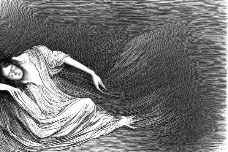 Prompt: black and white, young french woman sleeping in the flowfield, top view, Gustave Dore lithography