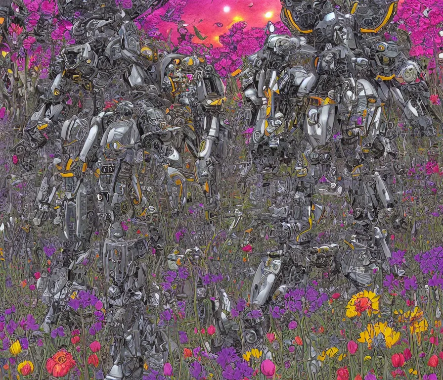 Image similar to a battle mech war in a mystical field of flowers, detailed line drawing, intricate, hd, digital art, complementing colors, detailed, illustration painting by alex gray, digital art, moebius