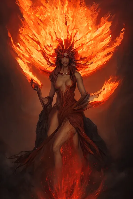 Prompt: fantasy character art by laura zalenga and alexander holllow fedosav, eldritch volcanic fire goddess clothed in a flaming gown, volcanic embers, magma, diffused lighting, by greg rutkowski, by peter mohrbacher, by brom, hyperrealism, detailed face, 8 k dop dof hdr