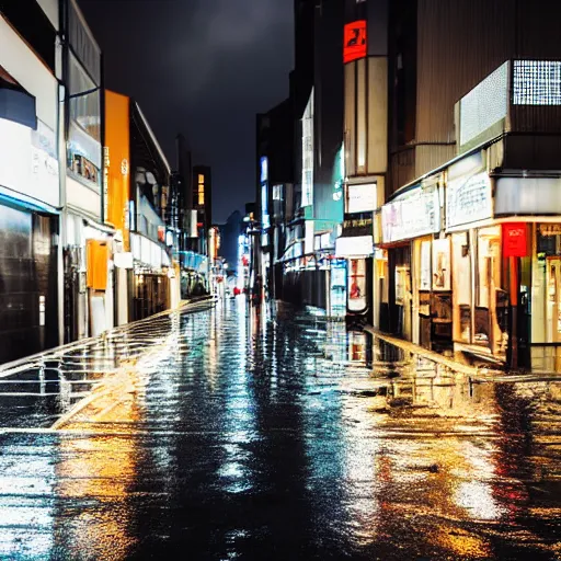 Prompt: photo, night, rain, modern city street, japan