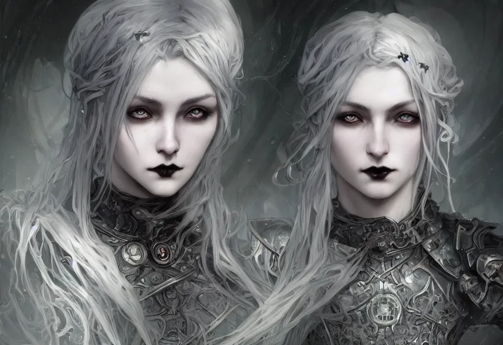 Image similar to beautiful and gothic and evil and dieselpunk young medieval light grey hair female knight + smoky eyes + front face with light flowing hair, ultradetail face, art and illustration by tian zi and craig mullins and wlop and alphonse mucha, fantasy, intricate complexity, human structure, human anatomy, fantasy character concept, watermark, blurry, hyperrealism 8 k