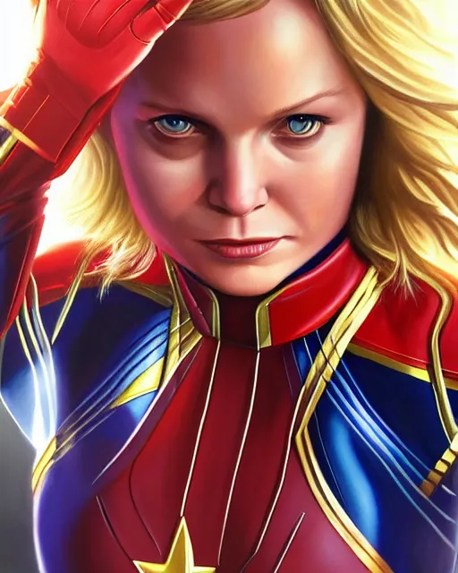 Image similar to hyper realistic painting of young michelle pfeiffer in captain marvel suit, hyper detailed, by clay mann, trending on artstation