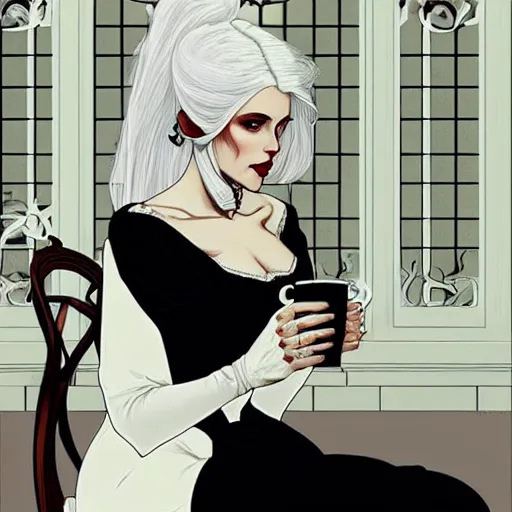 Prompt: a beautiful woman with white hair wearing a black dress is sitting at a table drinking a cup of tea, skeleton guests dressed in victorian costumes, beautiful face, beautiful eyes, elegant, beautiful, natural light, trending on artstation, style artgerm, joshua middleton and alphonse mucha