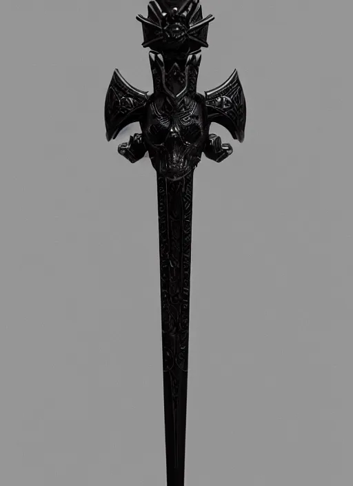 Image similar to a black great sword mini skull crest, orthographic, ornament, weapon, a 3 d render by dom qwek, front side, concept art, trending on polycount, artstation, hard surface modeling, rendered in maya, zbrush, hd, vray, blizzard, symmetry