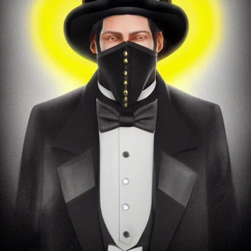 Image similar to a highly detailed portrait of a man in a high top hat covering his face, in a black tailcoat with a yellow waistcoat under the tailcoat, artstation, deviantart, professional, unreal engine 5, photorealistic