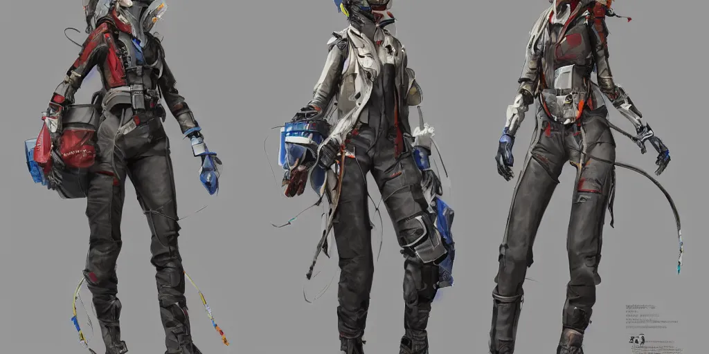 Image similar to A woman in scientist jacket with a system of straps and pouches for collecting material by Tetsuya Nomura with Ralph Horsley and Mario Testino, trending on artstation and pixiv clean sci-fi concept art and sheet that using unreal engine 5 renders and hyper detailed textures with cinematic light