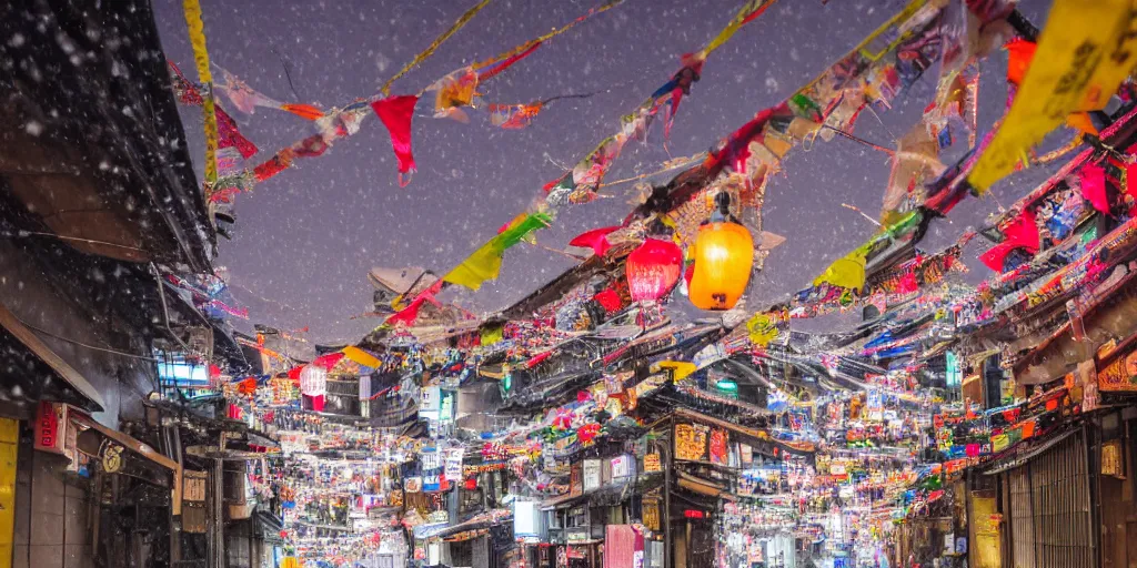 Image similar to a Japanese cyberpunk shrine, snowing, photograph,, sharp focus, intricate detail, high resolution, 8k, neon streetlights, wires hanging down everywhere, Japan, colourful, prayer flags