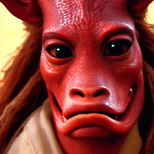 Image similar to film still of jar jar binks as a female cowgirl, long eyeslashes, big juicy lips, big seductive eyes