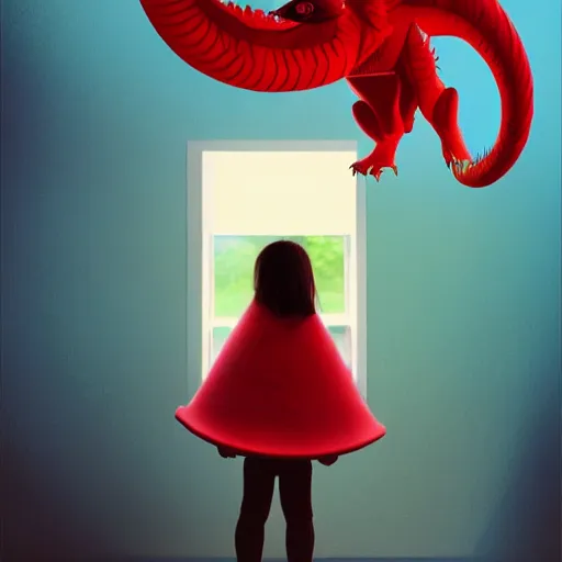 Prompt: young girl riding a giant red dragon stuffed toy in her room painting by beeple, 8k, ultra realistic, digital art