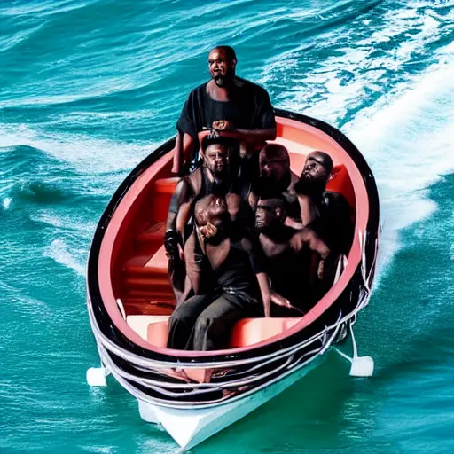 Image similar to kanye west performing a live concert on a small boat in the middle of the ocean