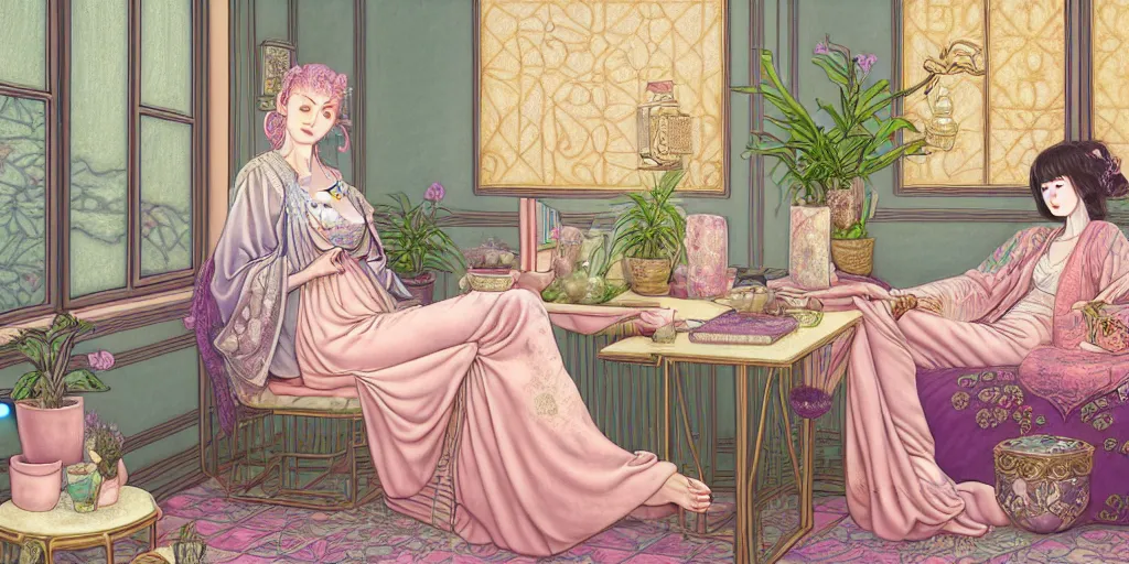 Image similar to a pastel drawing of a woman wizard, ornate clothing, lounging on a purpur pillow on the marbled checkered floor in her study room reading an ancient tome. to the side is a potted plant, moody candlelit raytracing. ancient oriental scifi fantasy setting. 4 k key art. by chie yoshii