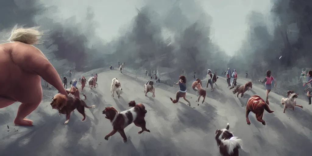 Prompt: landscape of people running from a giant obese dog, very scared, digital art, artstation