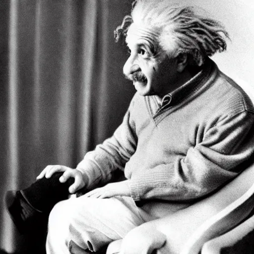 Image similar to Photograph of Albert Einstein having trouble choosing whether or not to wear white socks or black socks