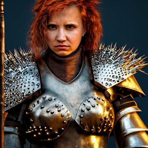 Prompt: female warrior with spiky armour holding a mace, highly detailed, dramatic lighting, cinematic, 4k