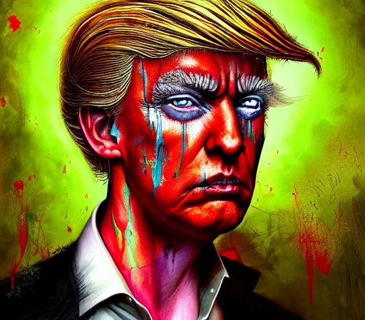 Prompt: a Demon Slayer portrait ofDonald Trump , tall, pale-skinned, and slender with lime green eyes and long eyelashes by Stanely Artgerm,Tom Bagshaw,arthur adams,Carne Griffiths,trending on DeviantArt,street art,face enhance,chillwave,maximalist,full of color, glittering