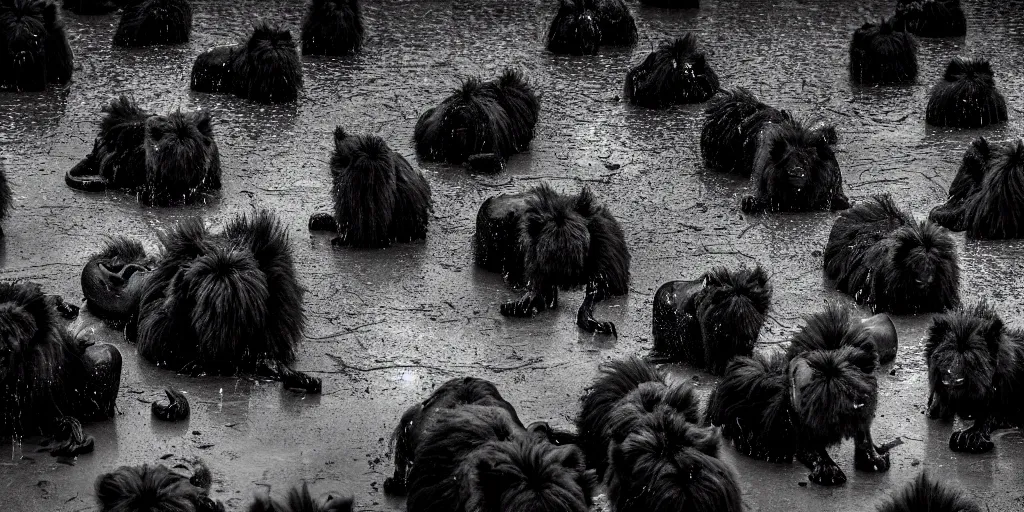 Prompt: the pack of smooth black lions, made of smooth black goo, bathing in the black goo moat in the zoo exhibit, viscous, sticky, full of black goo, covered with black goo, splattered black goo, dripping black goo, dripping goo, splattered goo, sticky black goo. photography, dslr, reflections, black goo, zoo, exhibit