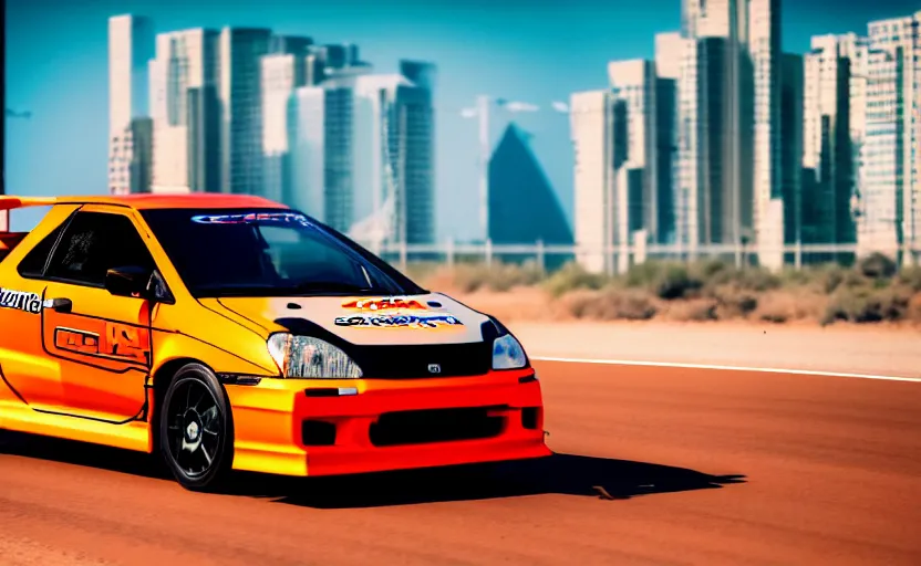 Image similar to photograph of a cell-shaded orange itasha Honda EK9 Type-R, speeding on a desert road with a futuristic city in the horizon, kicking up dirt, action shot, one point perspective, 1-point perspective, sigma 85mm f/1.4, 4k, depth of field, high resolution, 4k, 8k, hd, full color