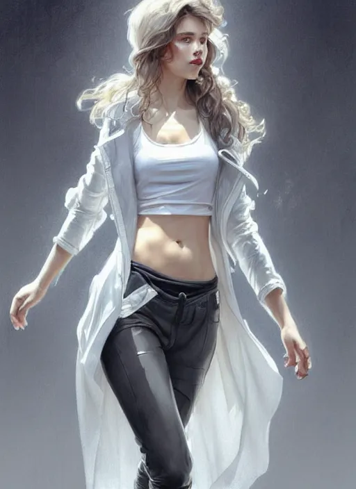 Image similar to girl in very short white! top and very short gray! leather jacket, open belly, long dark curly hair, high waist sweatpants, intricate, elegant, highly detailed, digital painting, artstation, concept art, smooth, illustration, art by artgerm and greg rutkowski and alphonse mucha