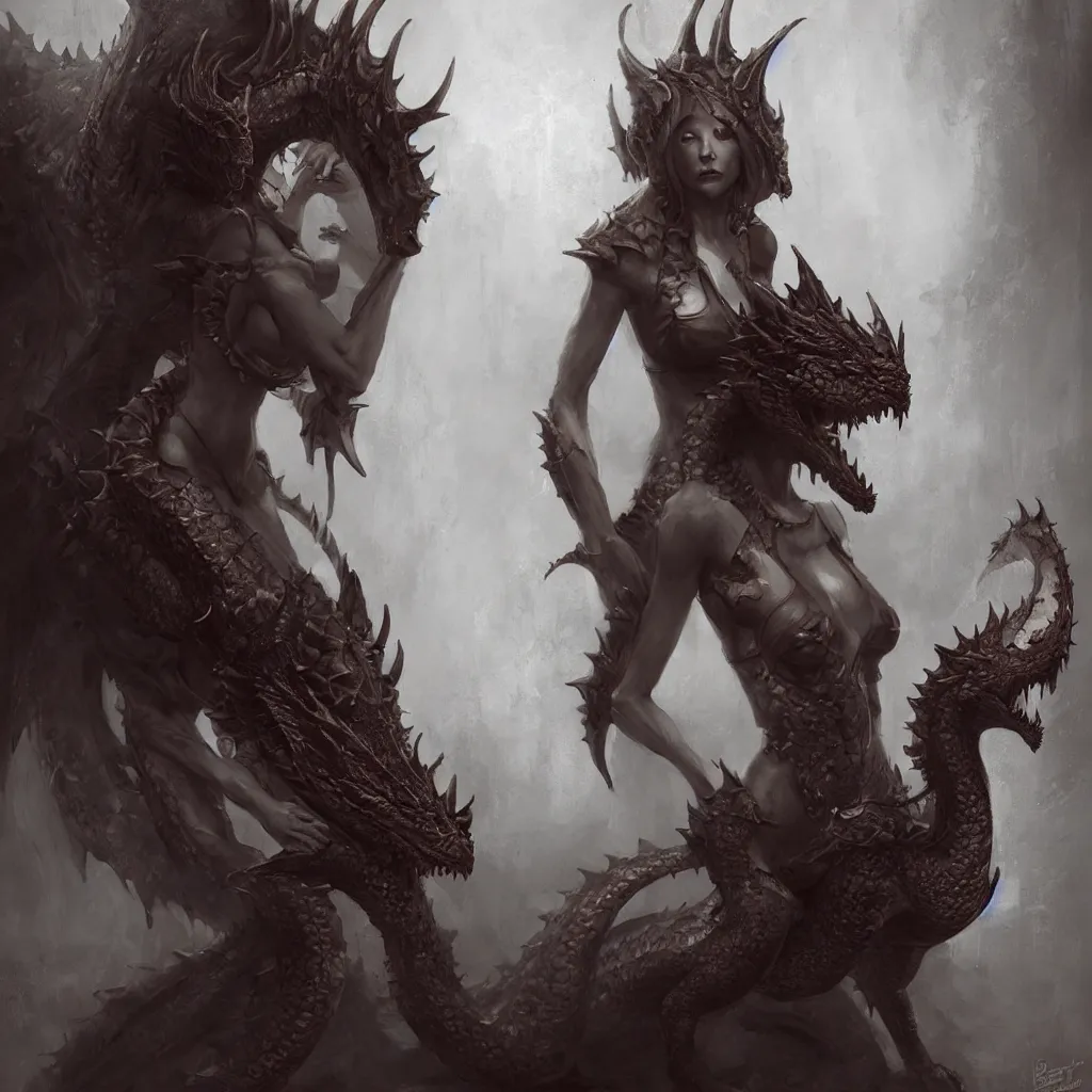 Image similar to a woman in a costume with a dragon, an ultrafine detailed painting by Bastien Lecouffe-Deharme, featured on zbrush central, fantasy art, zbrush, detailed painting, ambient occlusion