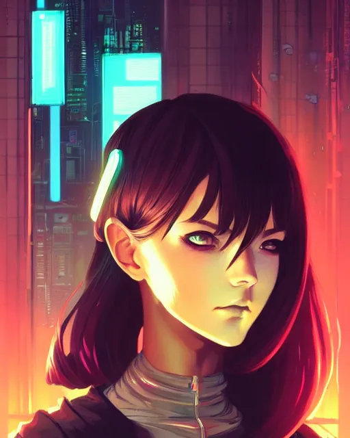 Image similar to a comic potrait of a cyberpunk cyborg girl with big and cute eyes, fine - face, realistic shaded perfect face, fine details. night setting. very anime style. realistic shaded lighting poster by ilya kuvshinov katsuhiro, magali villeneuve, artgerm, jeremy lipkin and michael garmash, rob rey and kentaro miura style, trending on art station