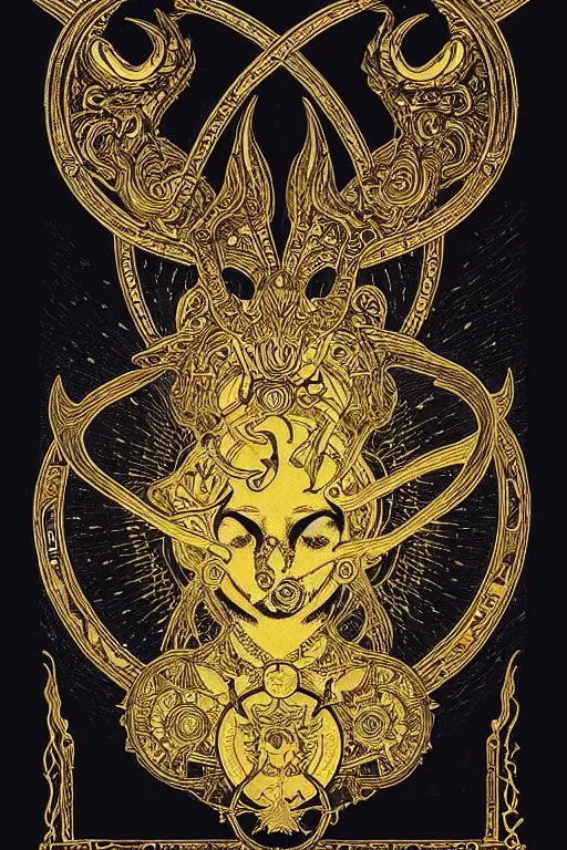 Image similar to Zodiac sign Virgo, Beautiful head of the devil, on black paper, symetrical, forsaken spirits, golden ratio, elements, gold, neon, baroque, rococco, white, ink, tarot card with ornate border frame, marc simonetti, paul pope, peter mohrbacher, detailed, occult symbols, intricate satanic ink illustration, by Alfons Mucha, Moebius, Charles Wess, Jeffrey Jones dynamic lighting