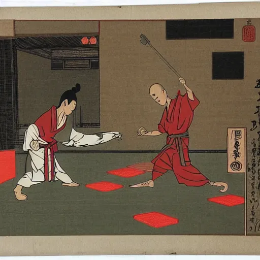 Prompt: a japanese dojo, a man is training in it using martial arts, the man looks like a mix between aang from avatar : the legend of korra and the male monk from diablo iii, in japanese woodblock print