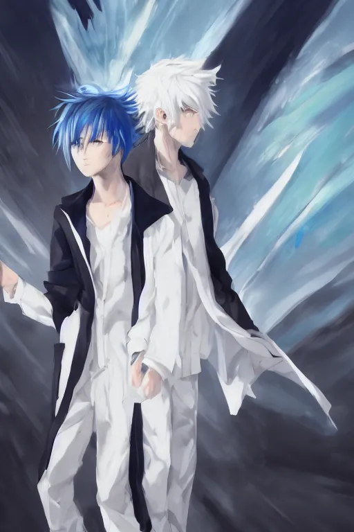 Image similar to anime boy with messy blue hair wearing black long jacket beside another shorter boy with wavy white hair in white formal clothes, wlop, concept art, digital painting, trending on artstation, highly detailed, epic composition, 8 k uhd